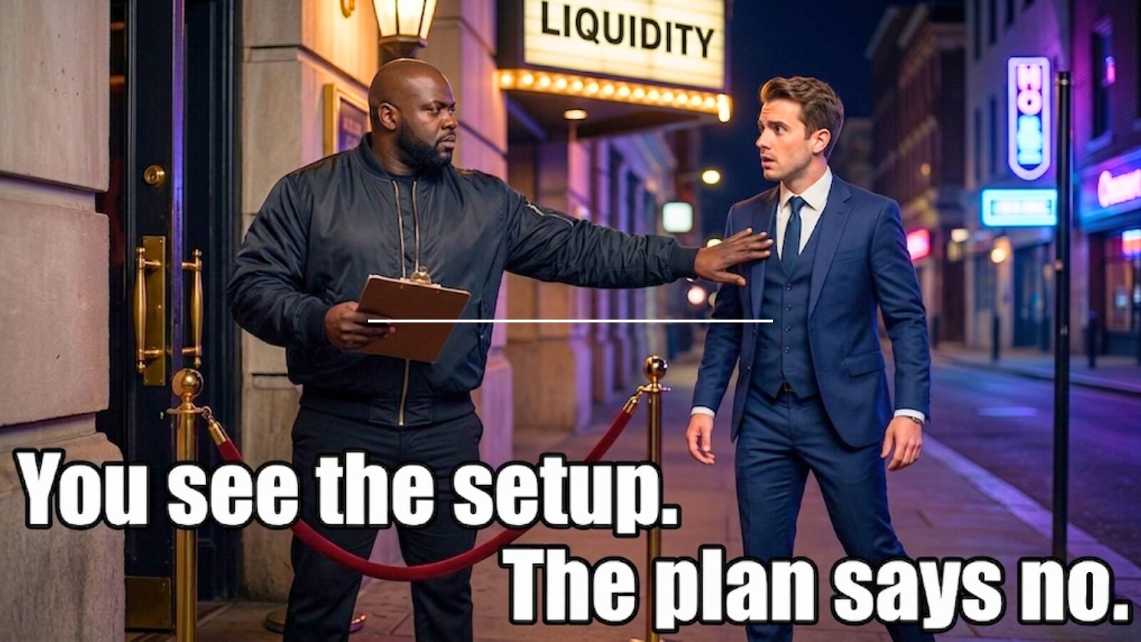 A well-dressed man being stopped by a bouncer at a velvet rope, representing the difference between seeing a trading setup and having permission to act on it. Text reads: "You see the setup. The plan says no."
