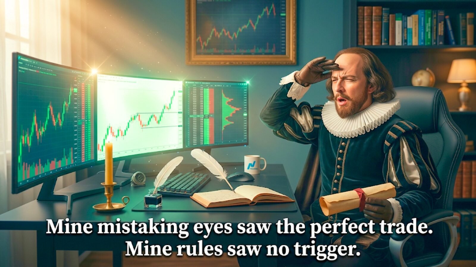 Elizabethan trader at a modern NQ futures desk, bedazzled by the perfect chart setup but no entry trigger. Trading psychology blog image.