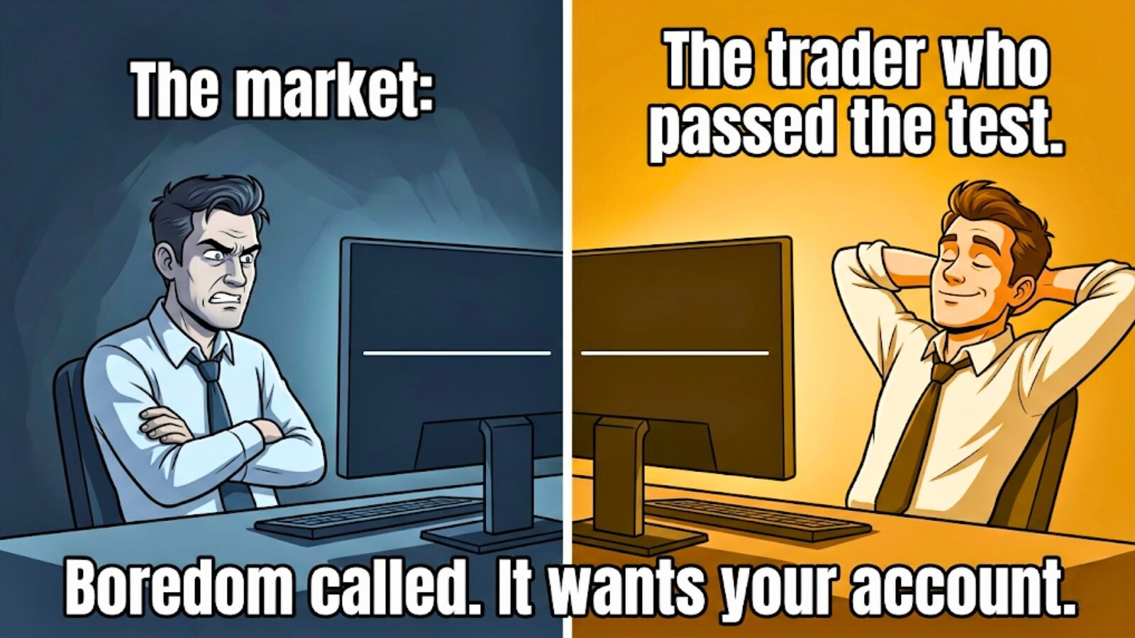 Split-panel meme showing a frustrated trader staring at a flat chart versus a calm, unbothered trader at peace with the same flat chart. Text reads: "Boredom called. It wants your account." Blog featured image about trading discipline and handling slow market sessions.