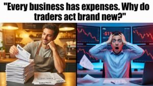 Photorealistic split-panel meme: calm restaurant owner sorting bills on the left, panicked day trader staring at a -$11 P&L on the right, with caption "Every business has expenses. Why do traders act brand new?"