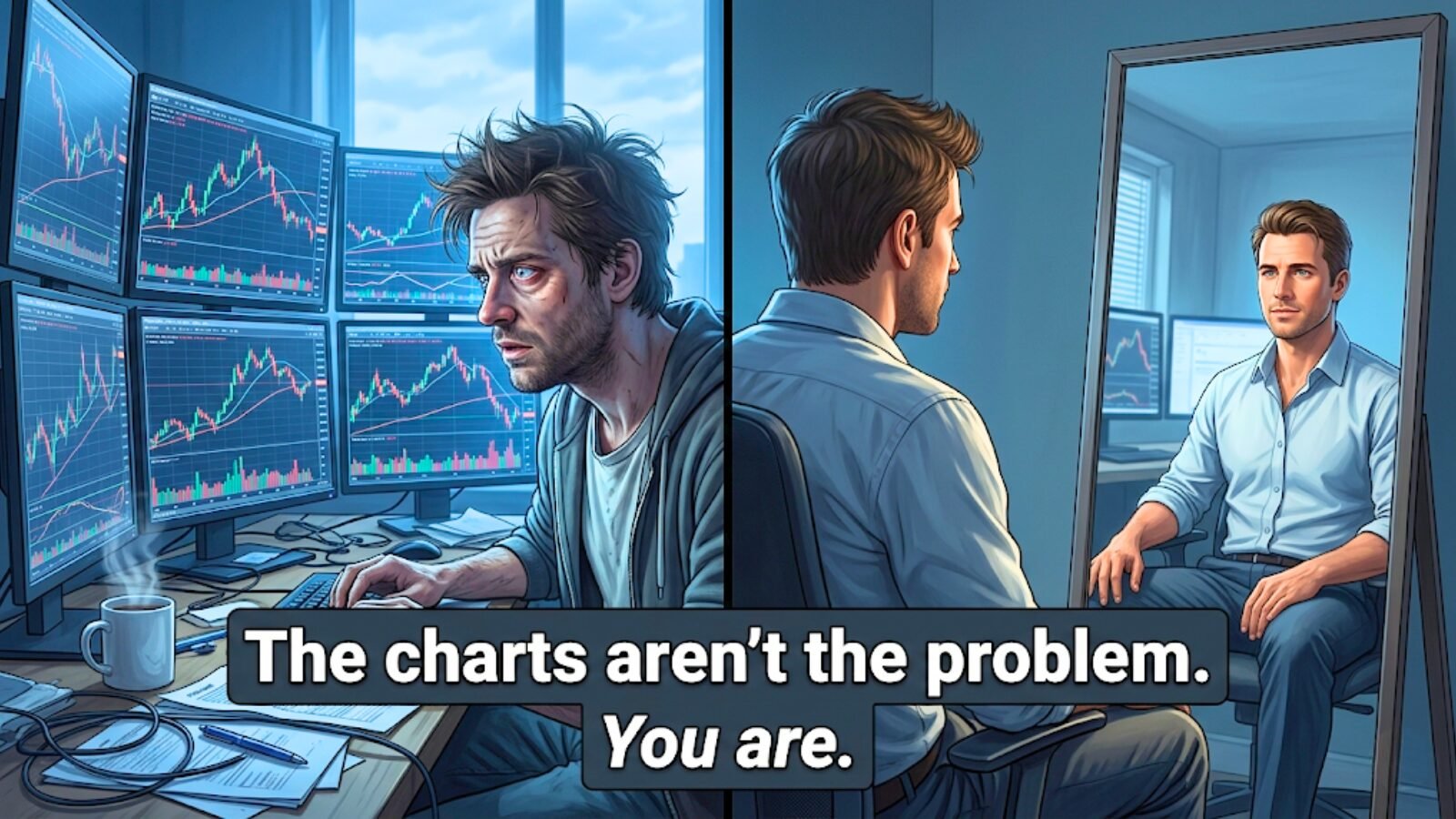 A split-image meme showing a tired trader intensely focused on multiple trading screens at dawn on the left, while completely ignoring a mirror on the right that reflects a calm, composed version of himself. Text reads: "The charts aren't the problem. You are." — representing the idea that self-awareness, not technical skill, is a trader's real edge.
