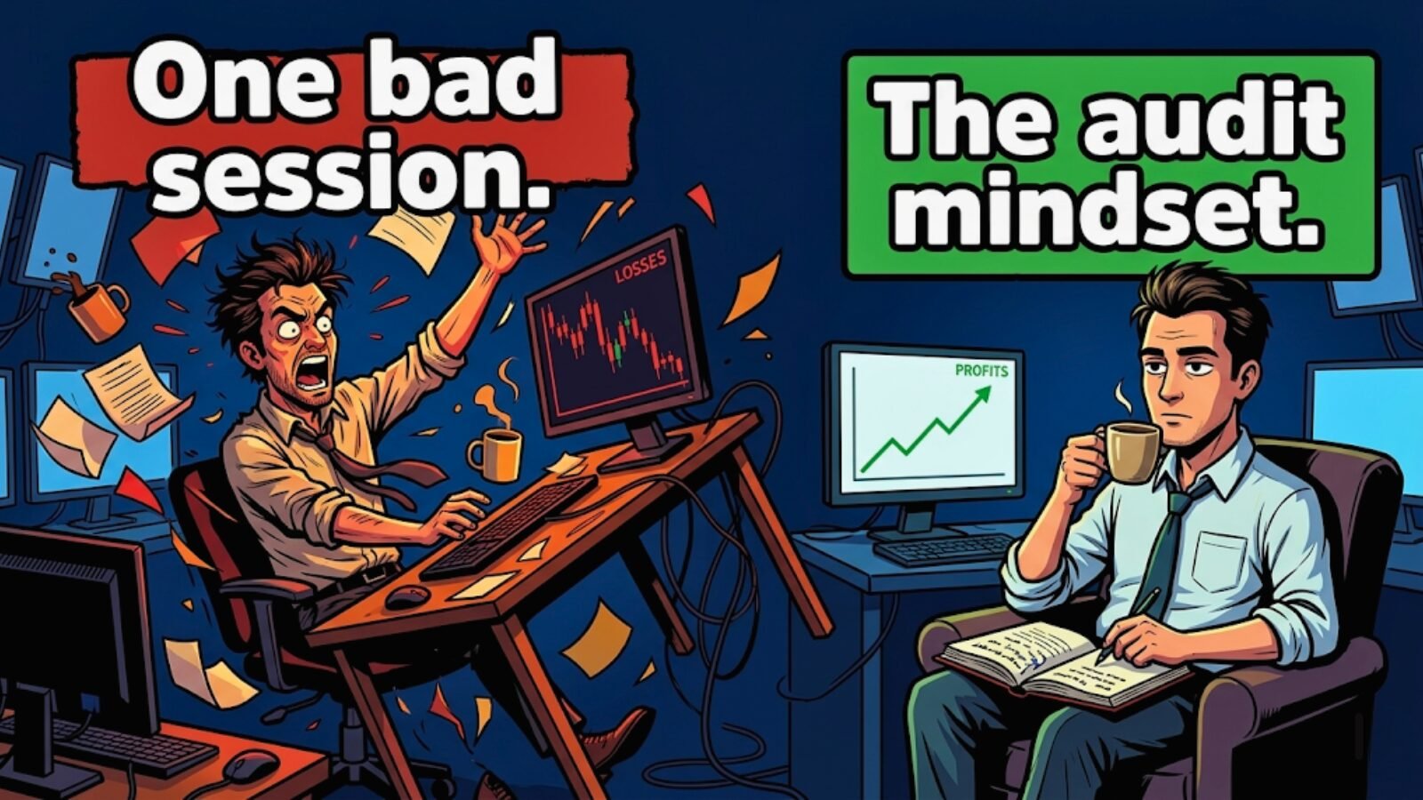 Meme illustration showing two traders: one flipping a desk after one bad session, and one sitting calmly with a journal and a green chart, representing the audit mindset in trading.