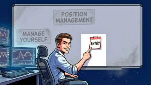 Meme illustration of a trader proudly pointing at one sticky note labeled "Entry" on a massive empty whiteboard, while two other sections labeled "Position Management" and "Manage Yourself" sit completely blank and dusty behind him, representing the Strategy Development Trifecta concept.