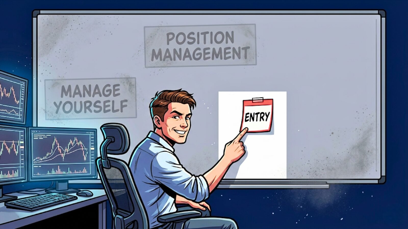 Meme illustration of a trader proudly pointing at one sticky note labeled "Entry" on a massive empty whiteboard, while two other sections labeled "Position Management" and "Manage Yourself" sit completely blank and dusty behind him, representing the Strategy Development Trifecta concept.