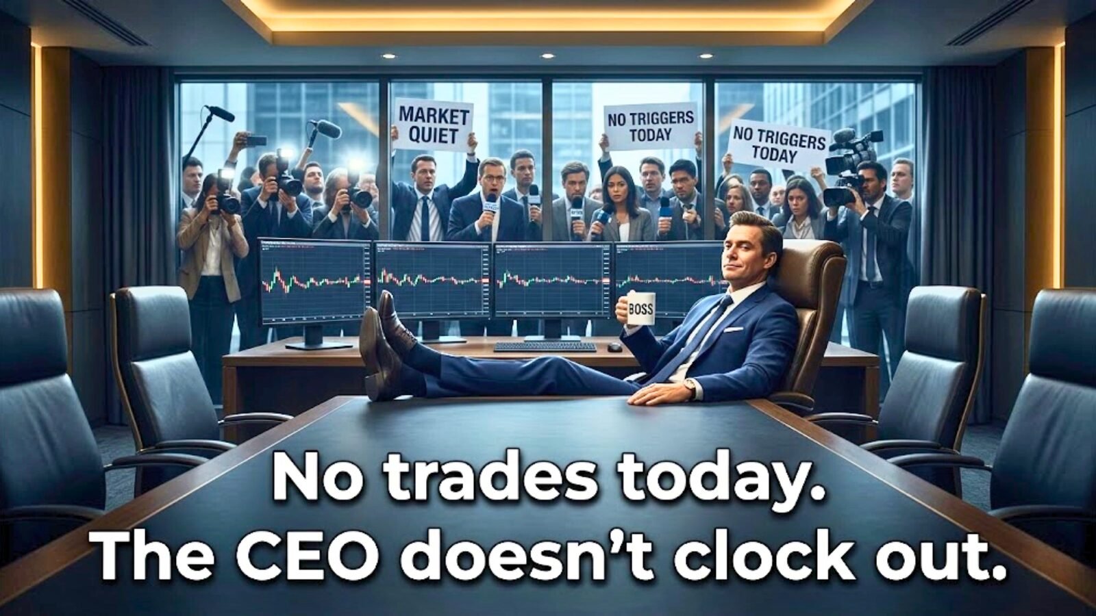 A trader in a suit sits alone at a massive corporate boardroom table, feet up and unbothered, while flat candlestick charts fill multiple monitors and news reporters crowd the windows outside. Text reads: "No trades today. The CEO doesn't clock out.
