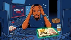 Meme illustration of an overwhelmed trader surrounded by a connection error on their monitor, an unopened package at the door, and a half-finished checklist, looking resolved as they write "Not Today" in their open trading journal, representing the disciplined decision to declare a no-trade day when compounding frustrations compromise the pre-session baseline.