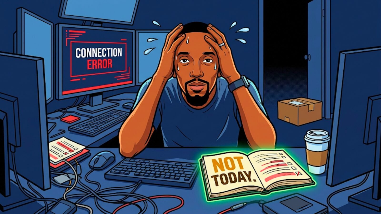 Meme illustration of an overwhelmed trader surrounded by a connection error on their monitor, an unopened package at the door, and a half-finished checklist, looking resolved as they write "Not Today" in their open trading journal, representing the disciplined decision to declare a no-trade day when compounding frustrations compromise the pre-session baseline.