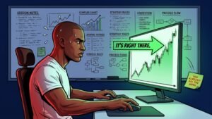 Meme illustration of a frozen, sweating trader hovering over the mouse button on a valid trading setup labeled "It's Right There," while a sticky note reading "You Already Did the Work" falls off a whiteboard full of session documentation behind them, representing the psychological cost of hesitation when the preparation has already been done.