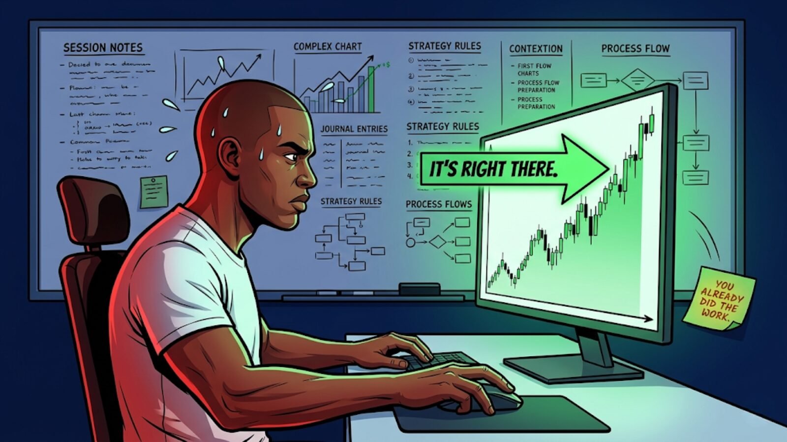Meme illustration of a frozen, sweating trader hovering over the mouse button on a valid trading setup labeled "It's Right There," while a sticky note reading "You Already Did the Work" falls off a whiteboard full of session documentation behind them, representing the psychological cost of hesitation when the preparation has already been done.