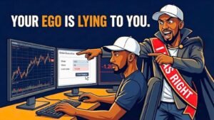 Meme illustration of a focused trader quietly closing a bad position while an ego version of themselves dressed in an "I Was Right" pageant sash stands behind them demanding to stay in the trade, representing real-time ego management and plan adherence in live trading.