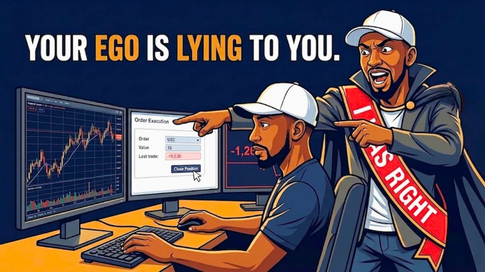 Meme illustration of a focused trader quietly closing a bad position while an ego version of themselves dressed in an "I Was Right" pageant sash stands behind them demanding to stay in the trade, representing real-time ego management and plan adherence in live trading.