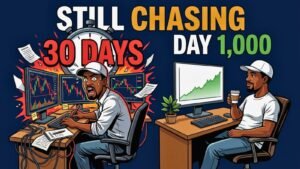 Meme illustration comparing a frantic trader with a "30 Days" countdown clock labeled "Still Chasing" to a calm, unbothered trader at Day 1,000 with a coffee and a clean desk, representing why trading timelines cannot be compared and patience is the real edge.