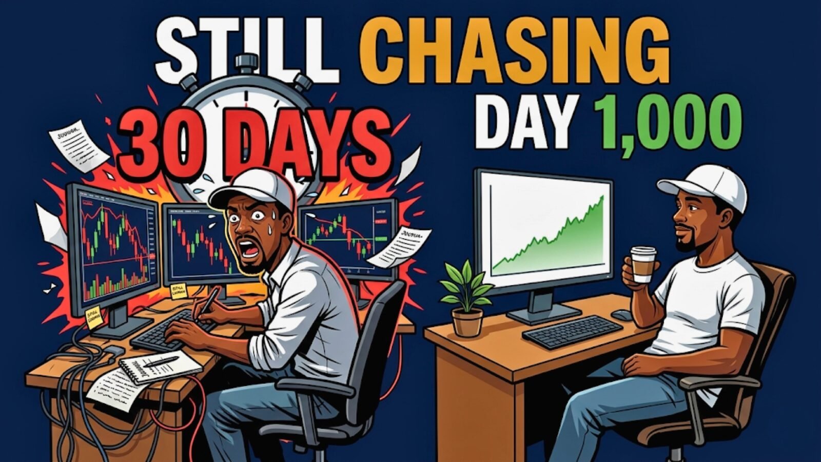 Meme illustration comparing a frantic trader with a "30 Days" countdown clock labeled "Still Chasing" to a calm, unbothered trader at Day 1,000 with a coffee and a clean desk, representing why trading timelines cannot be compared and patience is the real edge.