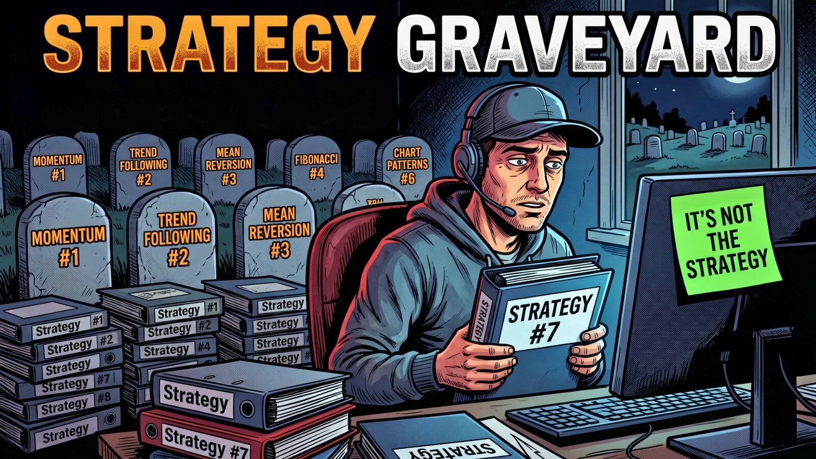 Meme illustration of a trader holding a new strategy binder labeled "Strategy 7" surrounded by a graveyard of tombstones from abandoned previous strategies, while a sticky note on their monitor reading "It's Not the Strategy" goes completely unnoticed behind them, representing the execution problem that strategy switching never solves.