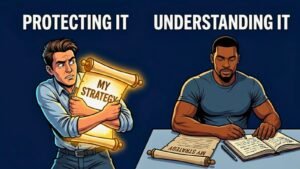Meme illustration of two traders side by side, one clutching a glowing "My Strategy" scroll protectively while the other sits with the same scroll open next to a full journal, representing the difference between protecting a trading strategy out of fear and building genuine understanding of it through documentation and study.