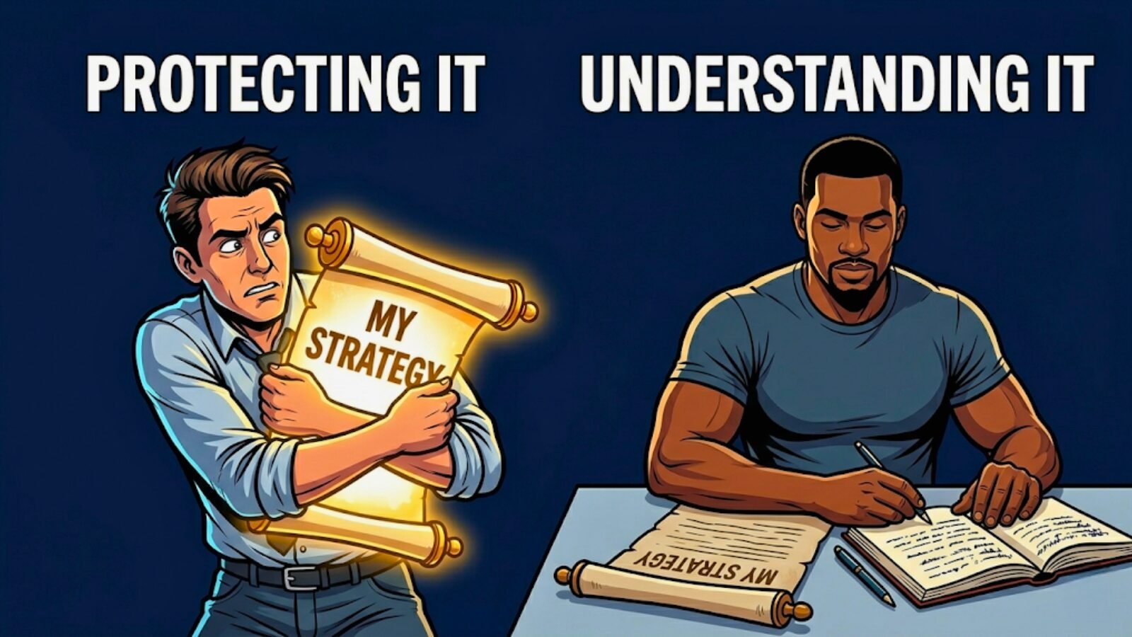 Meme illustration of two traders side by side, one clutching a glowing "My Strategy" scroll protectively while the other sits with the same scroll open next to a full journal, representing the difference between protecting a trading strategy out of fear and building genuine understanding of it through documentation and study.