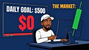 Meme illustration of a smug trader reaching to turn off their monitor after hitting a fixed daily profit target, while a massive green candle continues running off the top of the screen labeled "The Market," representing how rigid daily dollar goals can cap participation when the market is offering more.
