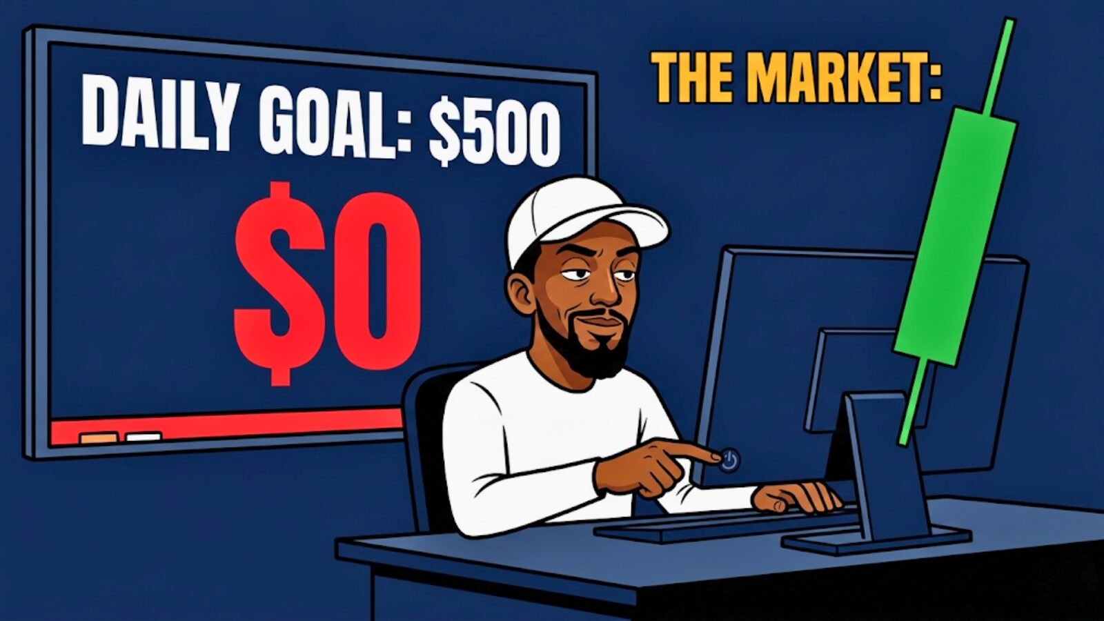Meme illustration of a smug trader reaching to turn off their monitor after hitting a fixed daily profit target, while a massive green candle continues running off the top of the screen labeled "The Market," representing how rigid daily dollar goals can cap participation when the market is offering more.
