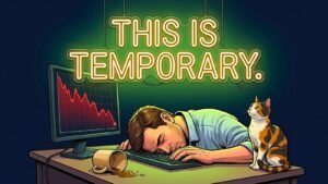 Meme illustration of a devastated trader with their head down on their keyboard after a loss, while a neon sign hanging above them reads "This Is Temporary" and a cat sits unbothered on the desk, representing the core message that every trading loss is recoupable and setbacks are not permanent outcomes.