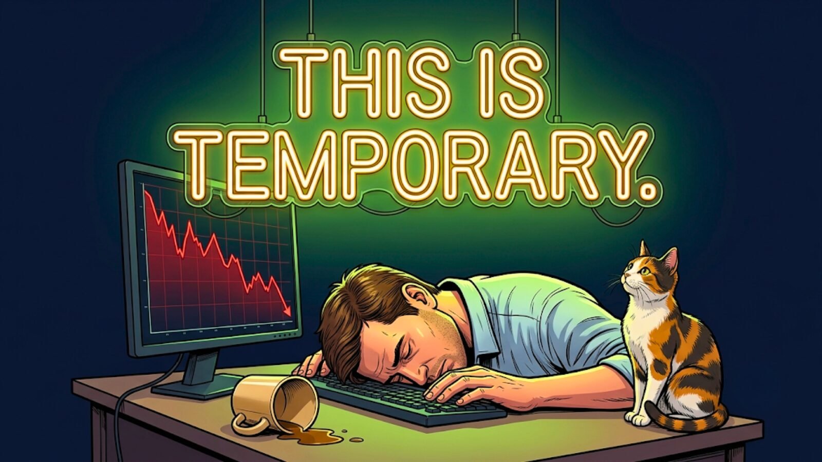 Meme illustration of a devastated trader with their head down on their keyboard after a loss, while a neon sign hanging above them reads "This Is Temporary" and a cat sits unbothered on the desk, representing the core message that every trading loss is recoupable and setbacks are not permanent outcomes.