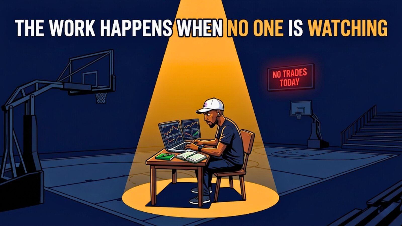 Meme illustration of a trader locked in at a desk under a single spotlight on an empty basketball court at 4 AM, with a scoreboard reading "No Trades Today," representing the mamba mentality of doing the development work on no-trade days when no one is watching.