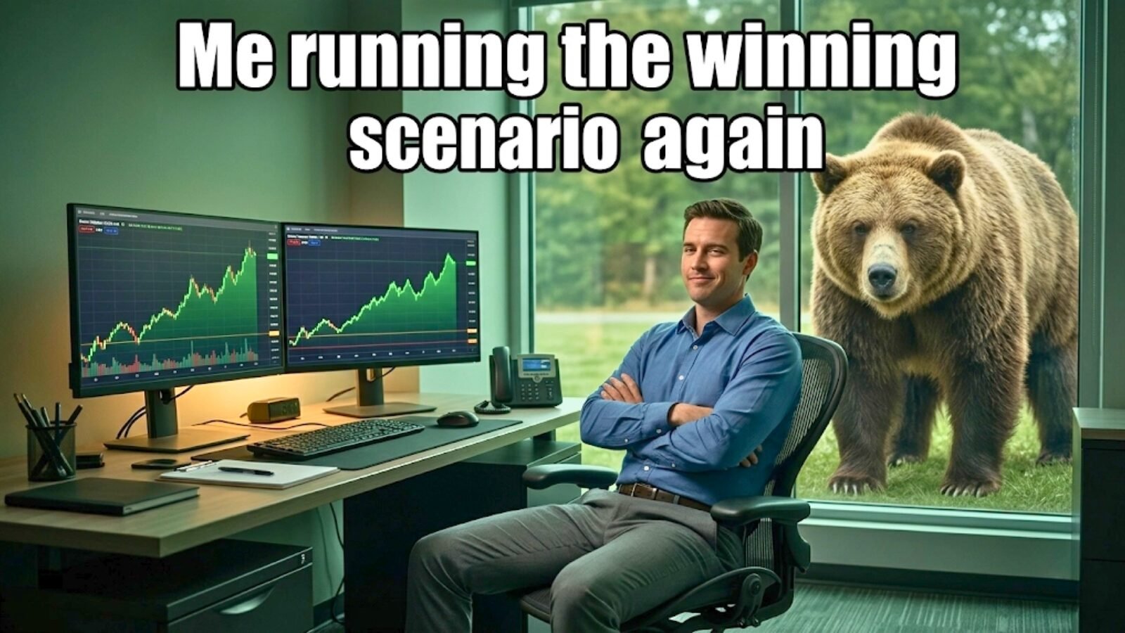 Trader sits at a glowing green trading desk with a satisfied smirk, unaware of a grizzly bear pressed against the window behind him. Caption reads: "Me running the winning scenario again."