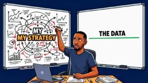 Meme illustration of a sweating trader torn between an overcomplicated whiteboard labeled "My Strategy" and a clean whiteboard labeled "The Data," representing the difference between reacting emotionally to a rough stretch and reassessing a trading strategy with real collected data.