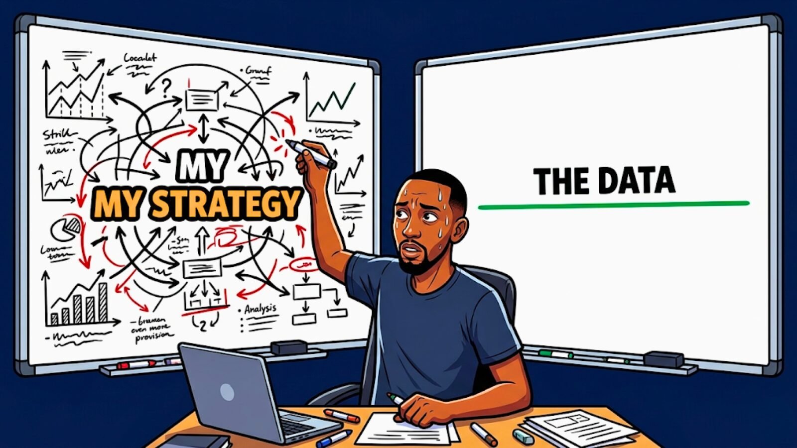 Meme illustration of a sweating trader torn between an overcomplicated whiteboard labeled "My Strategy" and a clean whiteboard labeled "The Data," representing the difference between reacting emotionally to a rough stretch and reassessing a trading strategy with real collected data.