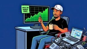 Meme illustration of a calm trader holding a single USB cable next to a green chart, with a sticky note reading "Check the Basics First" and a pile of discarded overcomplicated troubleshooting equipment on the floor, representing the physical layer principle of always checking the simplest solution before assuming a complex problem.