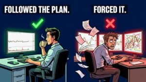 Split-panel meme illustration showing a calm trader sipping coffee with a green checkmark labeled "Followed the Plan" next to a chaotic trader drawing all over their chart labeled "Forced It," representing the discipline of sticking to your trading system when market conditions don't cooperate.