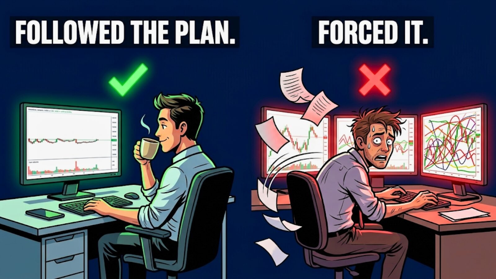 Split-panel meme illustration showing a calm trader sipping coffee with a green checkmark labeled "Followed the Plan" next to a chaotic trader drawing all over their chart labeled "Forced It," representing the discipline of sticking to your trading system when market conditions don't cooperate.