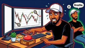 Meme illustration of a tormented trader hovering over a red "Exit Early" button during a choppy live position, while a calm version of themselves leans against the wall with a speech bubble reading "Breathe," representing the discipline of staying in a position through back-and-forth price action instead of exiting the plan early.