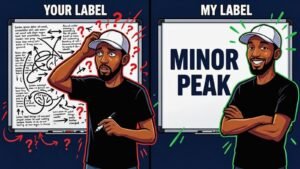 Meme illustration of a confused trader standing in front of a whiteboard covered in an impossibly complex, indecipherable label, compared to a calm trader next to a whiteboard that simply reads "Minor Peak," representing why simple, descriptive terminology in a personal trading system holds up better over time than complex labels that lose their meaning.