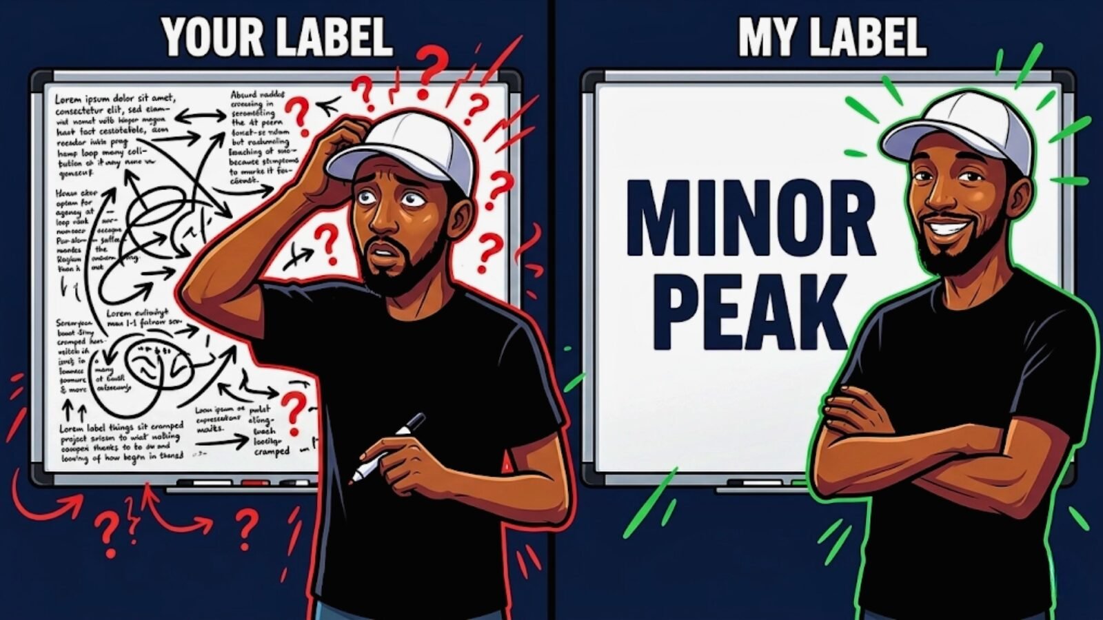 Meme illustration of a confused trader standing in front of a whiteboard covered in an impossibly complex, indecipherable label, compared to a calm trader next to a whiteboard that simply reads "Minor Peak," representing why simple, descriptive terminology in a personal trading system holds up better over time than complex labels that lose their meaning.