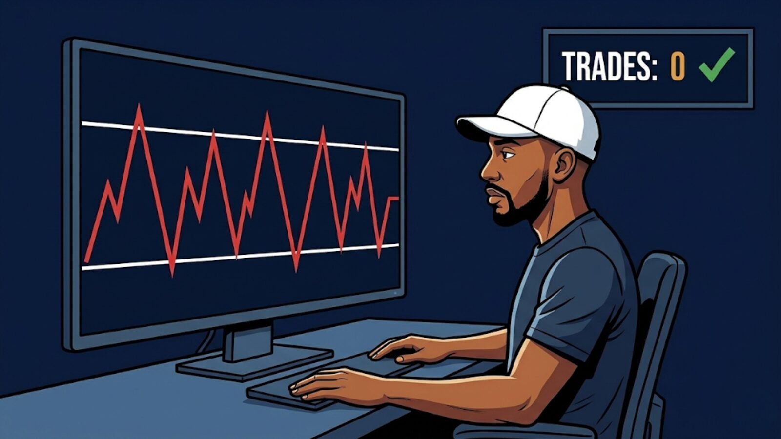 Meme illustration of a completely still, unbothered trader sitting in front of a chaotic zigzag chart going nowhere, with a scoreboard behind them reading "Trades: 0" with a green checkmark, representing the active discipline of staying patient and preserving capital during choppy, range-bound market conditions.
