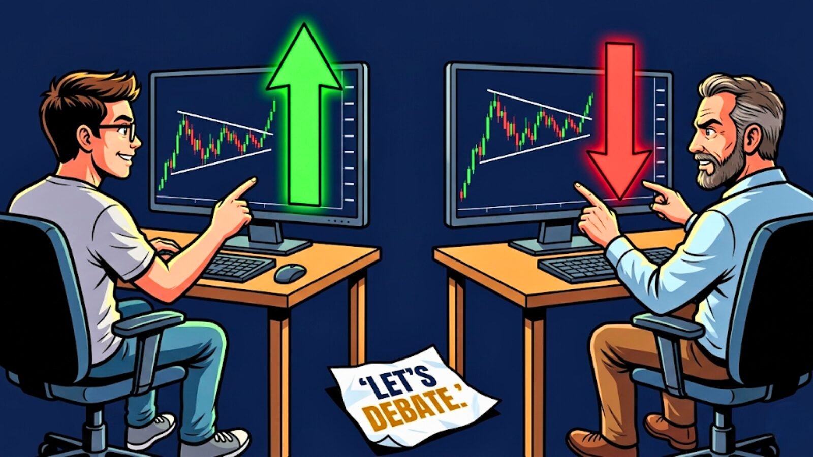 Meme illustration of two traders sitting at identical charts, one with a green arrow pointing up and one with a red arrow pointing down, both looking completely certain while a crumpled piece of paper reading "Let's Debate" sits ignored on the floor between them, representing the subjectivity of value in trading and why no two traders interpret the same chart the same way.