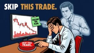 Meme illustration of a defeated trader hovering over a red "Skip This Trade" button while a confident ghost version of themselves points urgently at a sticky note reading "Follow the Plan," representing the cost of trigger shyness during a drawdown.