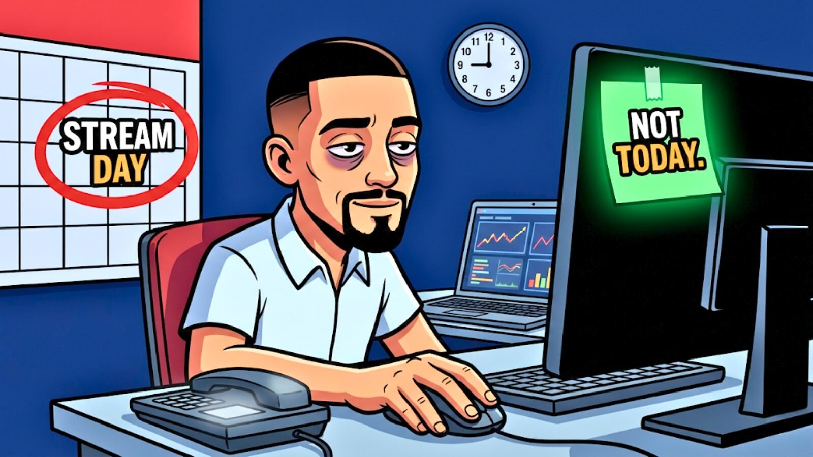 Meme illustration of an exhausted trader with dark circles and a blinking on-call work phone on their desk, reaching to place a sticky note reading "Not Today" over their monitor despite a calendar showing it is scheduled as a Stream Day, representing the disciplined decision to declare a no-trade day when energy is compromised after on-call standby.